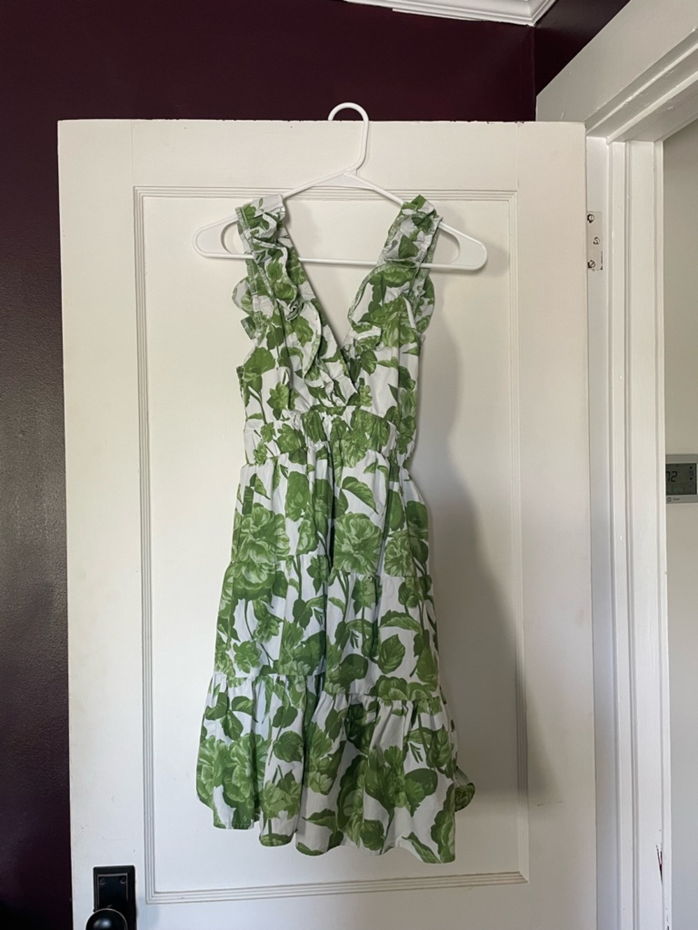Abercrombie & Fitch White Babydoll Mini Dress with Green Floral Print.